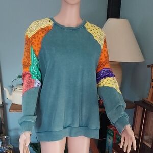 Easel Teal Sweatshirt with Colorful Patchwork Sleeves